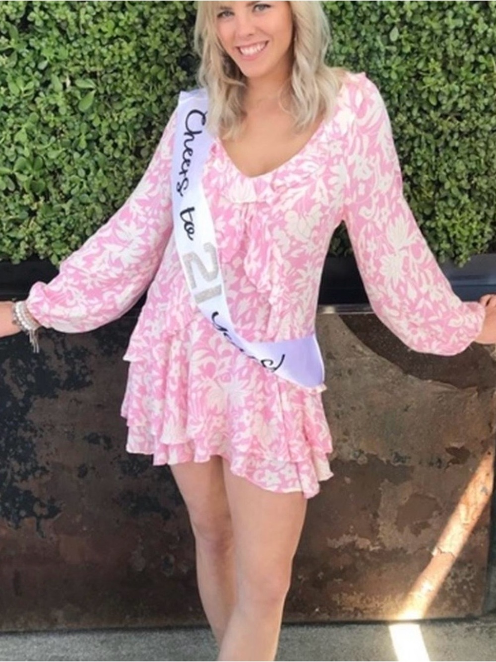 NWT. Free People Rebecca Pink Floral Ruffle, long sleeve dress.small